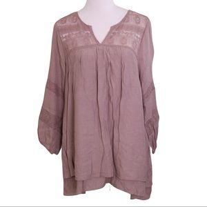 NWT Boho Mauve FLOWY 3/4 Sleeve Lace and linen Peasant Blouse Large Studio JPR